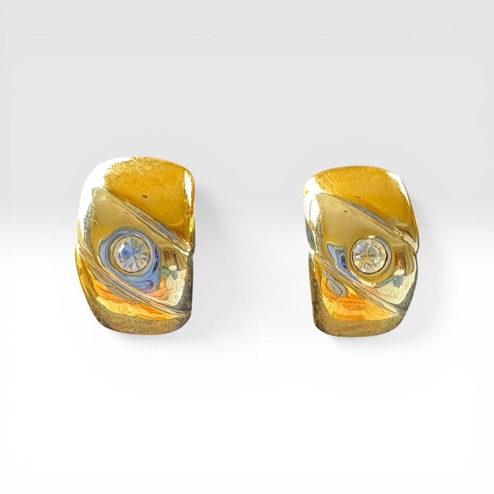 Vintage Gold Tone Clip On Earrings Curved Rhinestone Minimalist Retro 80s